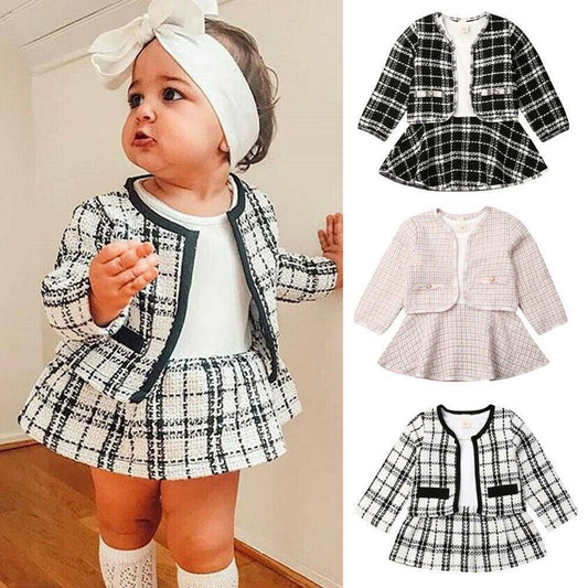 Baby Girl Two-Piece Plaid Dress Set – Long Sleeve Knitted Sweater and A-Line Skirt